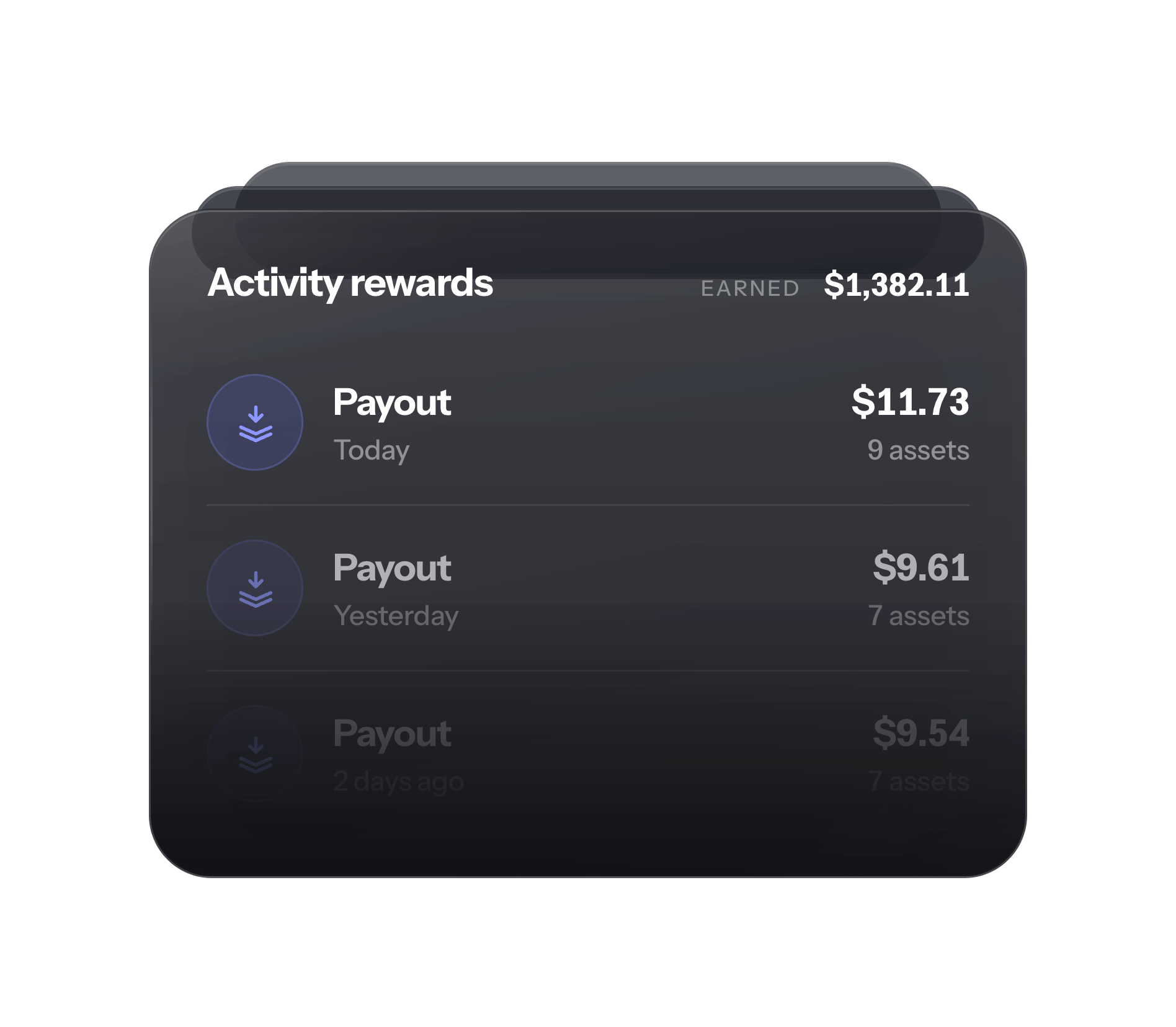 The Activity rewards screen in the Tribes app, listing recent payouts